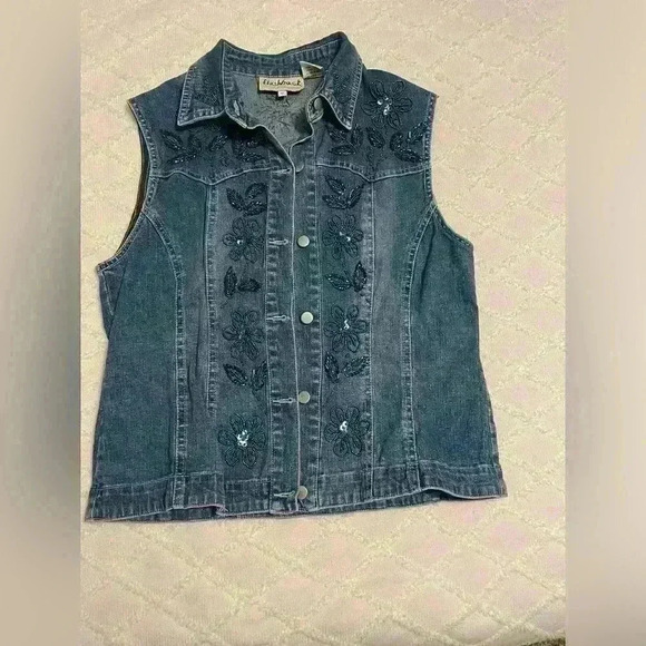 Vintage 1990's Womens Flashback Beaded  Floral Denim Jean Vest - medium - Picture 1 of 6